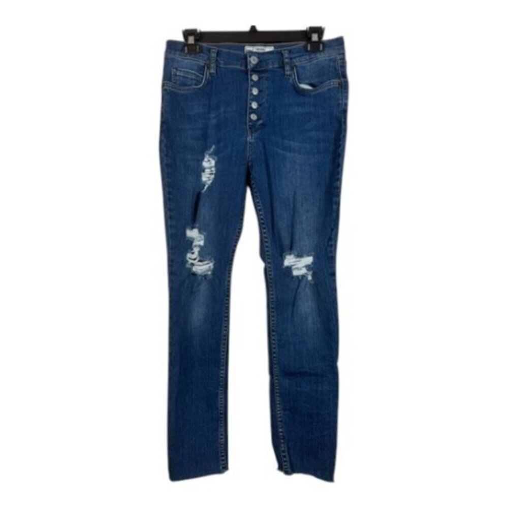 Free People Destroyed Reagan Button Fly Denim Blue Ankle Jeans Size 30 EUC #0704
